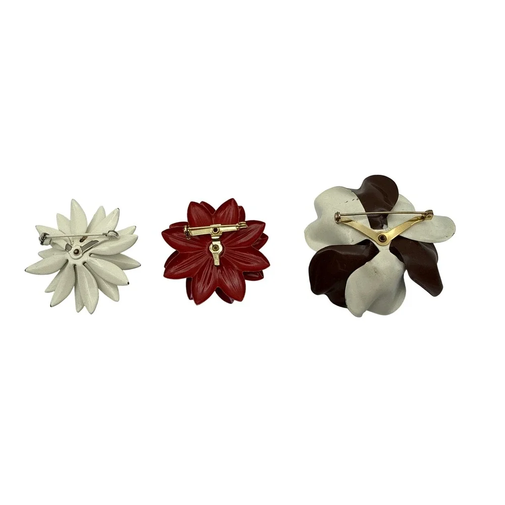 Vintage‎ Enamel Flower Brooch Lot 7pc Mod Pop Art Floral Pins Red White Teal